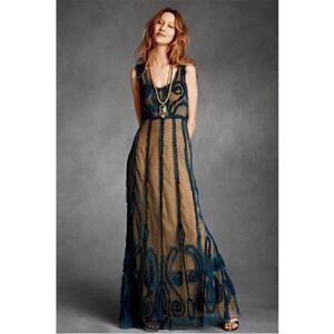 James Coviello Indigo Mist Blue/Saffron Sheer Ruffled Maxi Dress Sz 2 Romantic